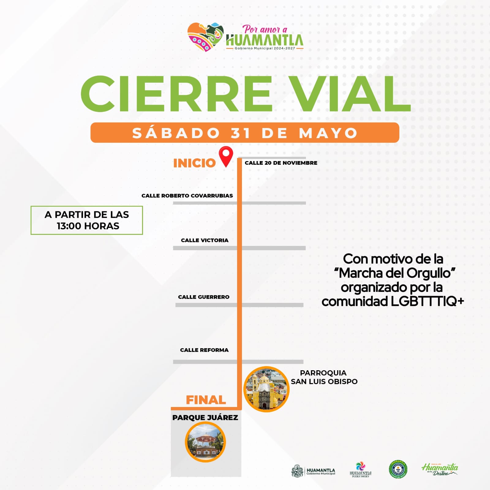 Seguridad Pública invita a la población de Huamantla a tomar previsiones ante cierres viales por marcha del orgullo LGBTTTIQ+